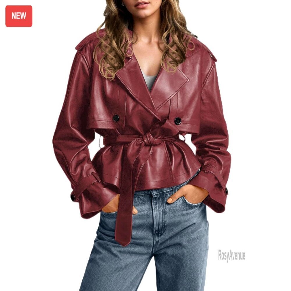 Faux Leather Short Trench Coat with Belt, Moto Style, Business Casual Jacket